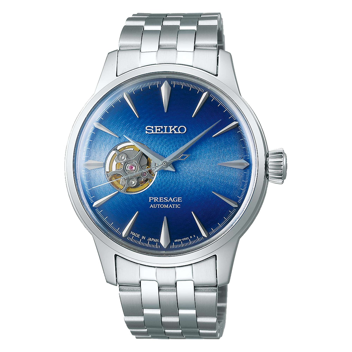 Seiko Presage open-heart automatic watch with blue dial and stainless steel bracelet.