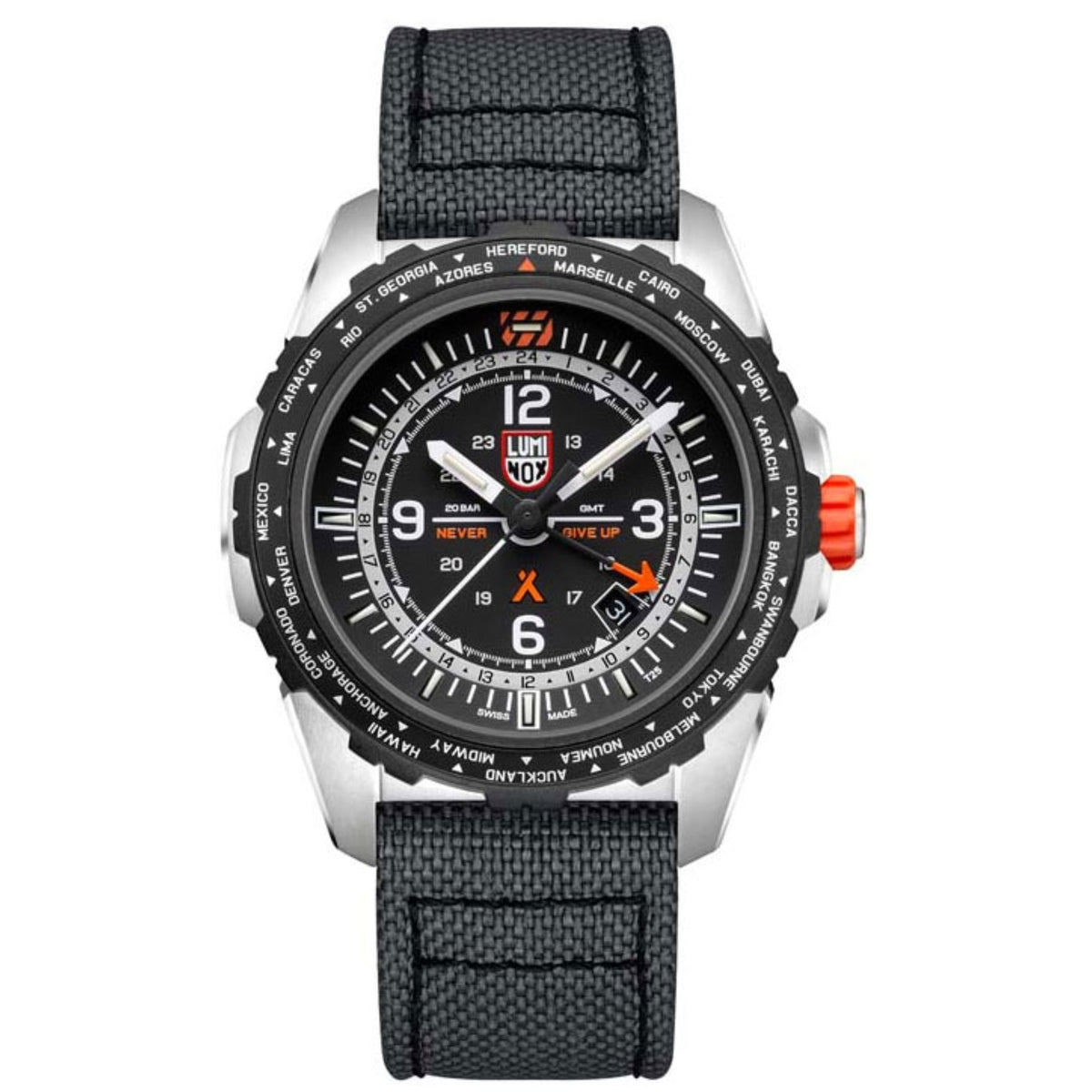 Men's black dial survival watch with black fabric strap and orange-capped crown