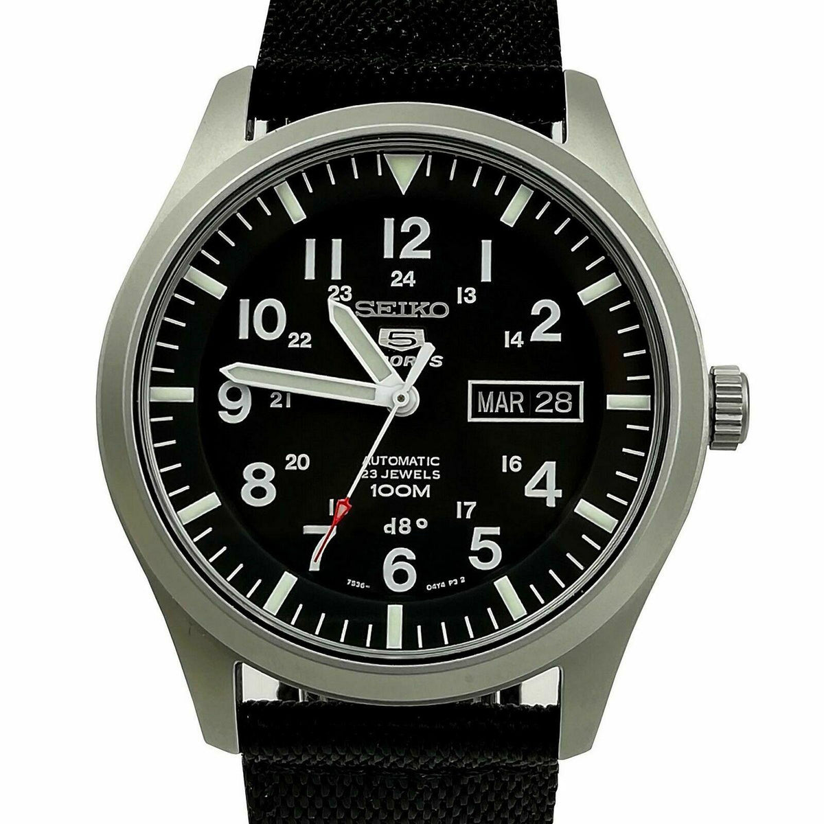 Seiko 5 Sports men's automatic watch, black dial with day-date window and black canvas strap