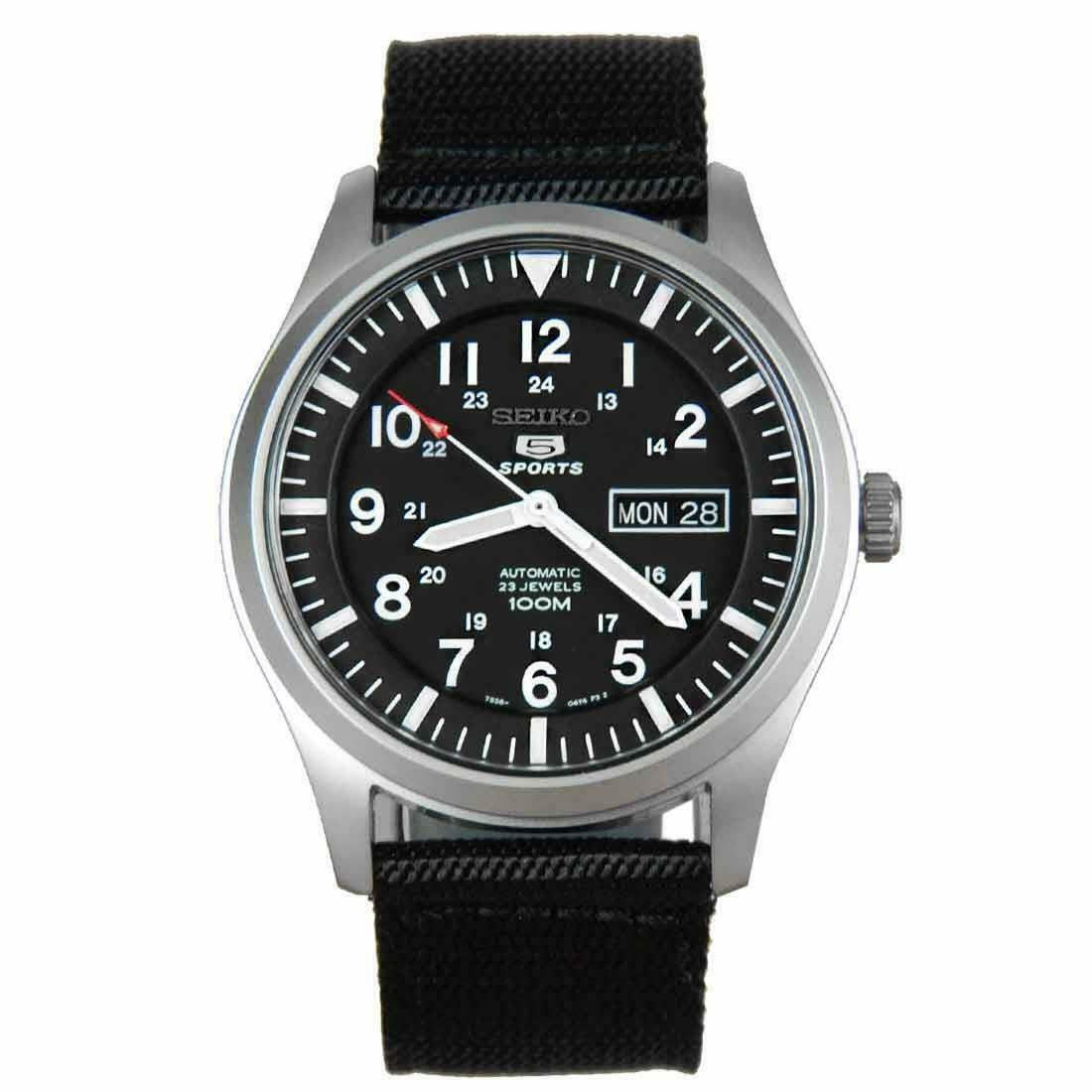 Seiko 5 Sports men’s automatic watch with black dial, date window, black canvas strap