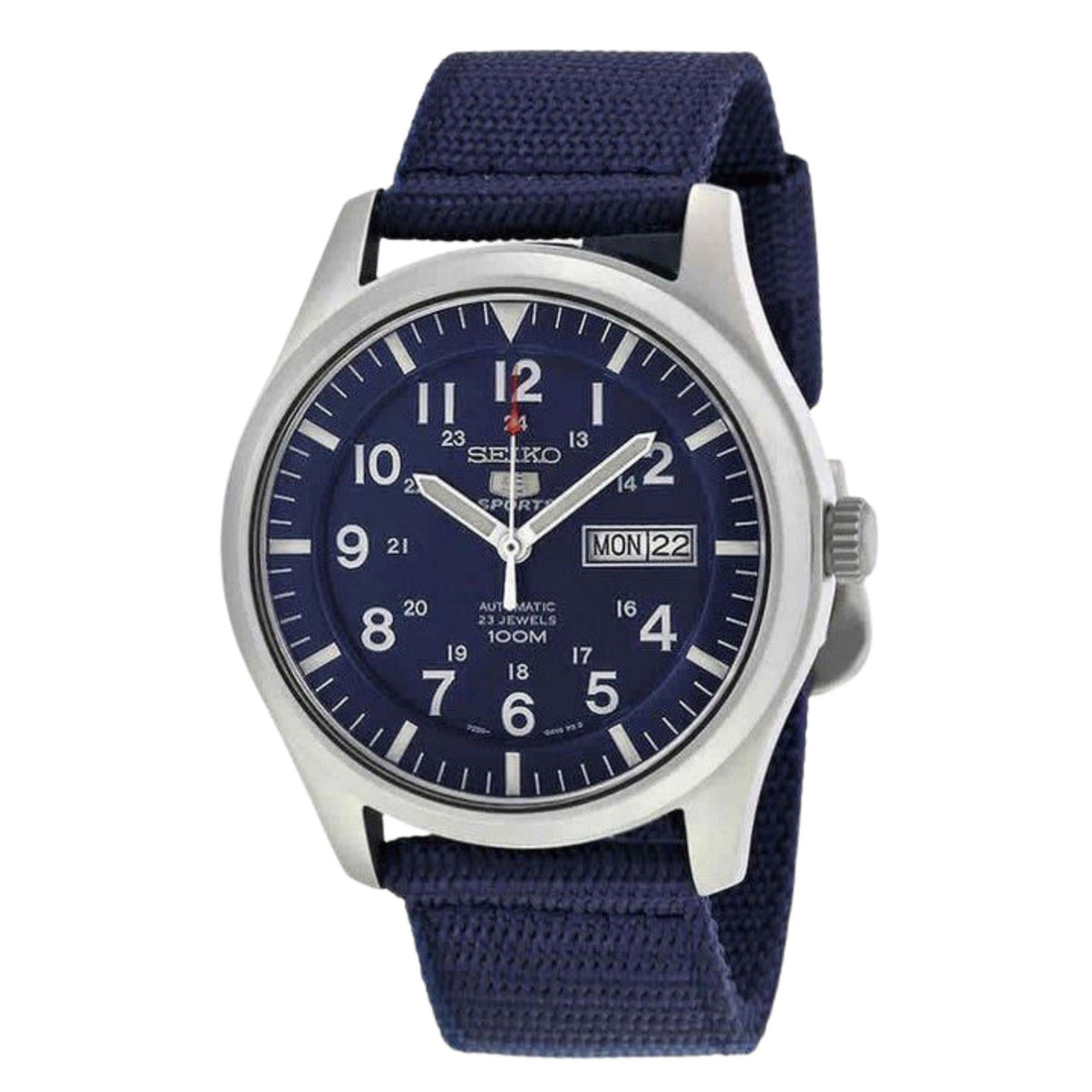 Men's Seiko 5 Sports automatic watch, blue dial, day-date window, navy canvas strap