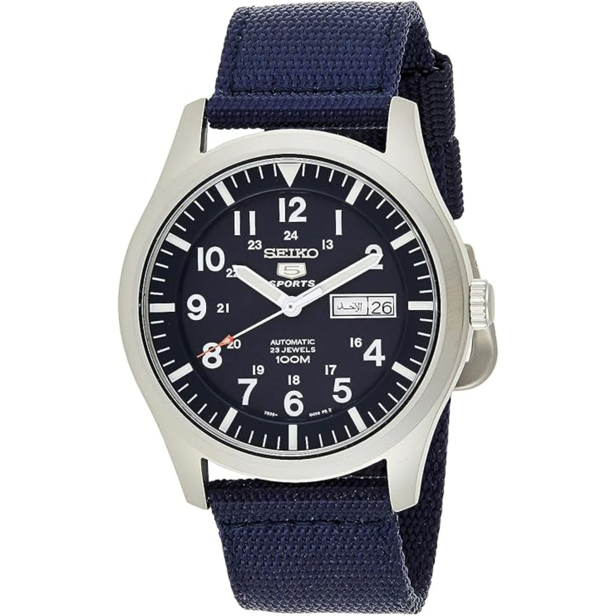 Men's Seiko 5 Sports watch with blue dial, luminous markers, navy canvas strap