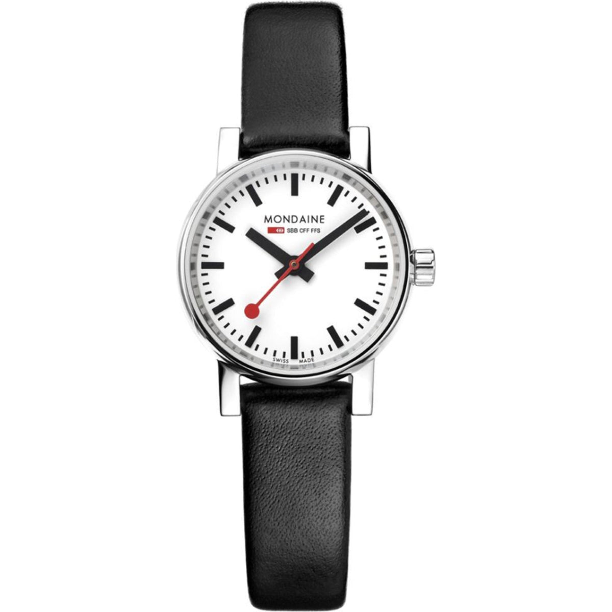 Round Mondaine watch with white dial, silver bezel, and black leather strap