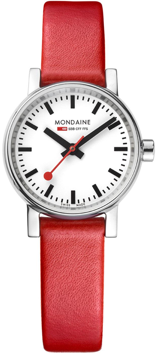 Analog ladies wristwatch with red leather strap, white dial, black hour markers.