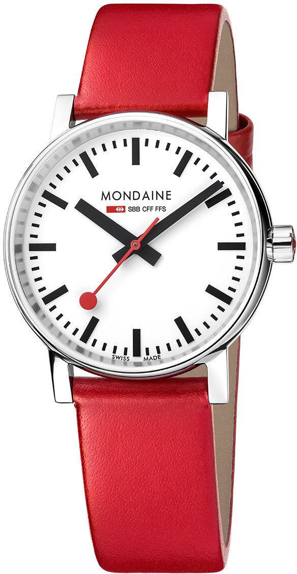 Red leather strap wristwatch, angled view showing silver case, white dial, and red seconds hand