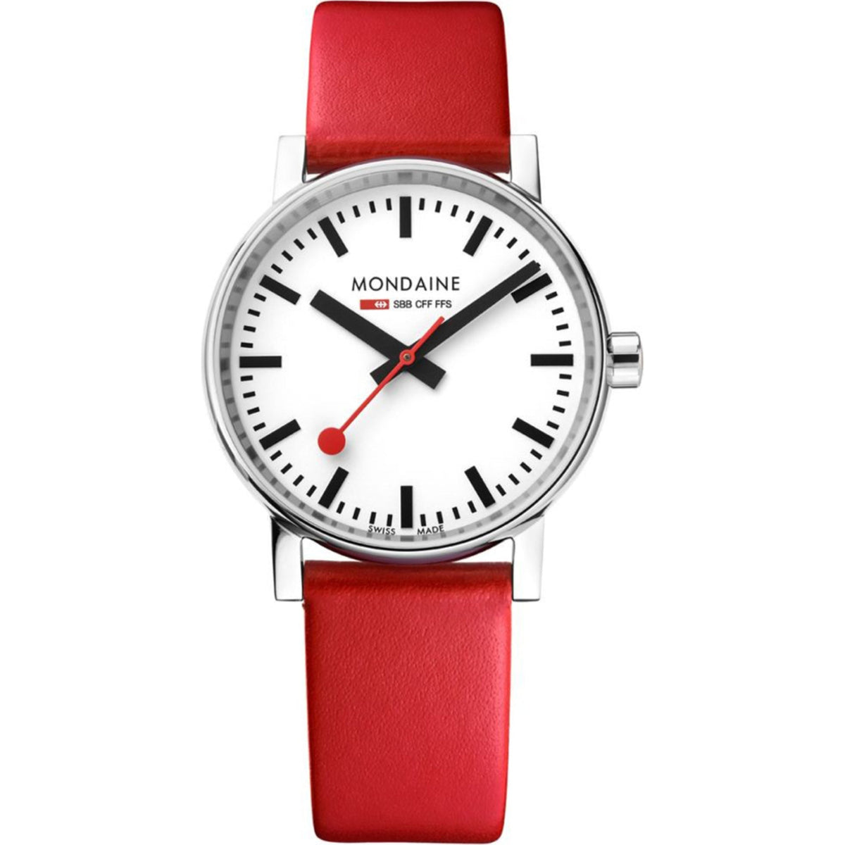 Red leather strap wristwatch with white face, black hour marks, red-accent hands, silver case