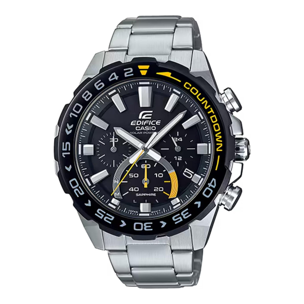 Men's stainless steel quartz chronograph watch, black dial with yellow counter accents.