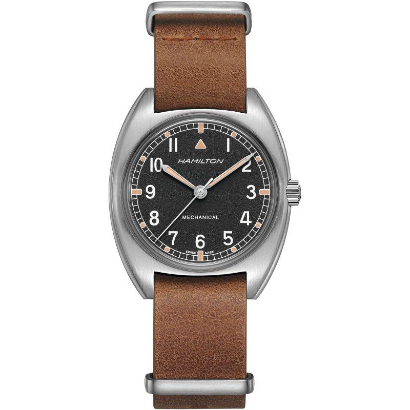 Hamilton mechanical pilot watch with black dial, white markers, brown leather strap, steel case.
