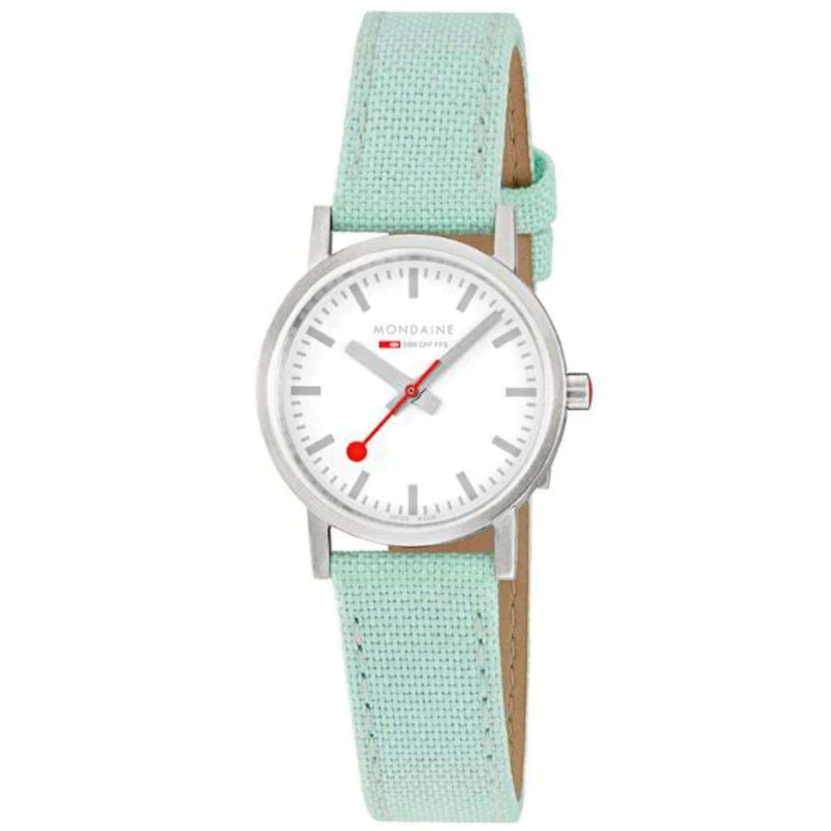 Mondaine ladies quartz watch, silver case and white dial with green strap