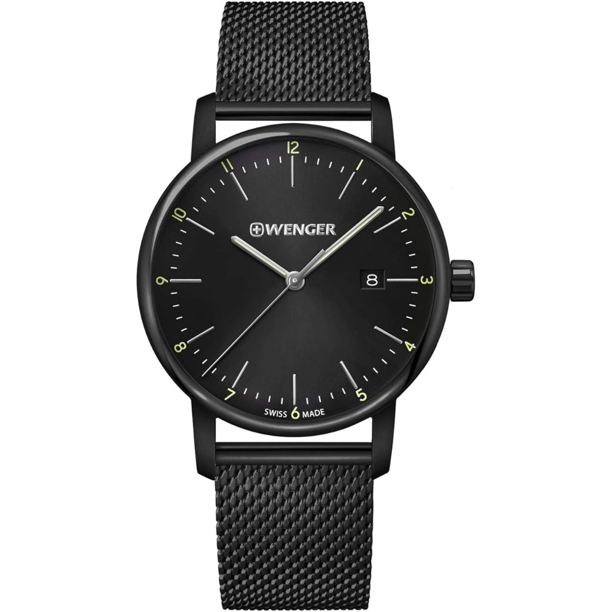 Men's quartz wristwatch with black dial, three-hand display, and textured black bracelet