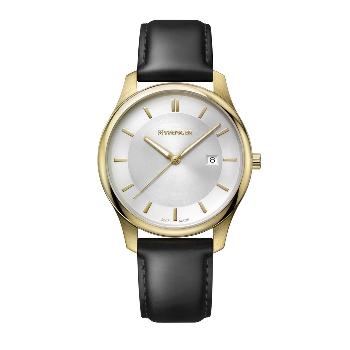 Men's analog watch: white dial, gold bezel, and black leather band, round case.