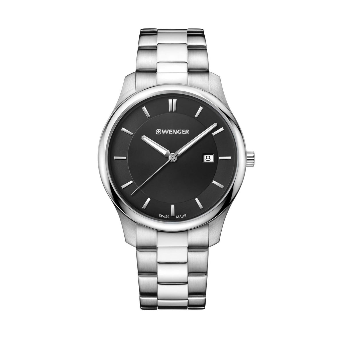 Men's stainless steel bracelet watch with black dial, baton markers and three hands