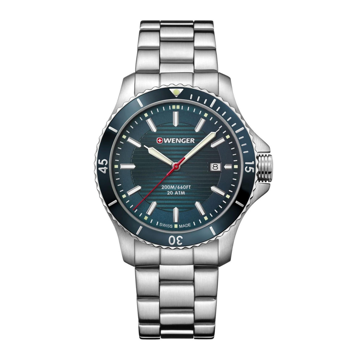 Men's stainless steel quartz watch, blue dial, linked bracelet with silver bezel