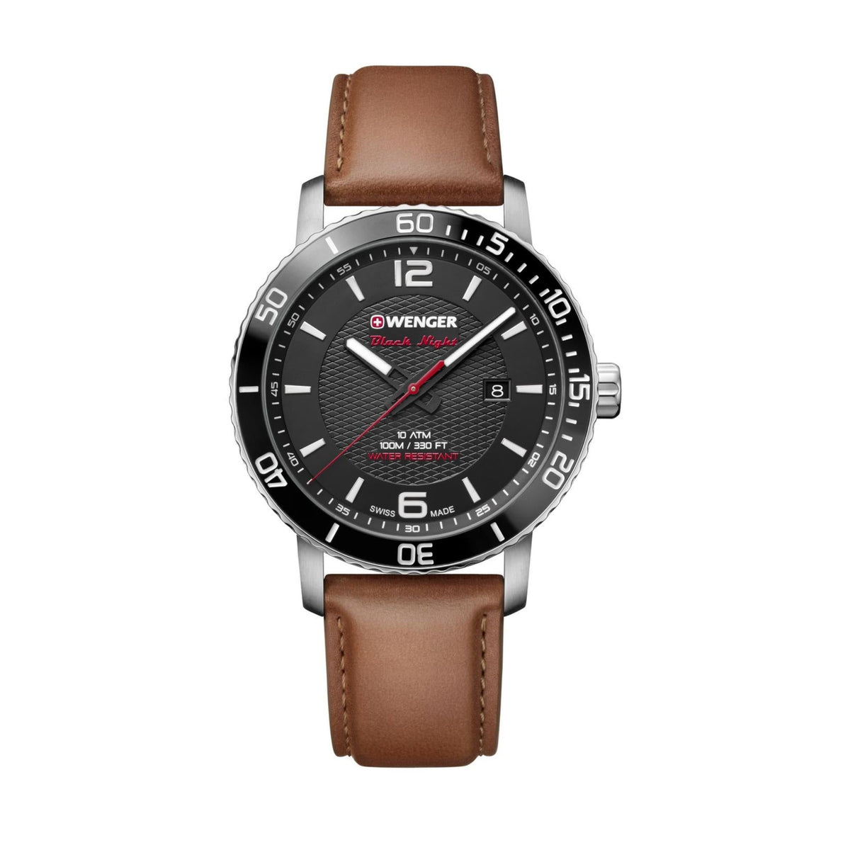 Men's leather strap watch with black dial, date window at 8 o'clock and silver case