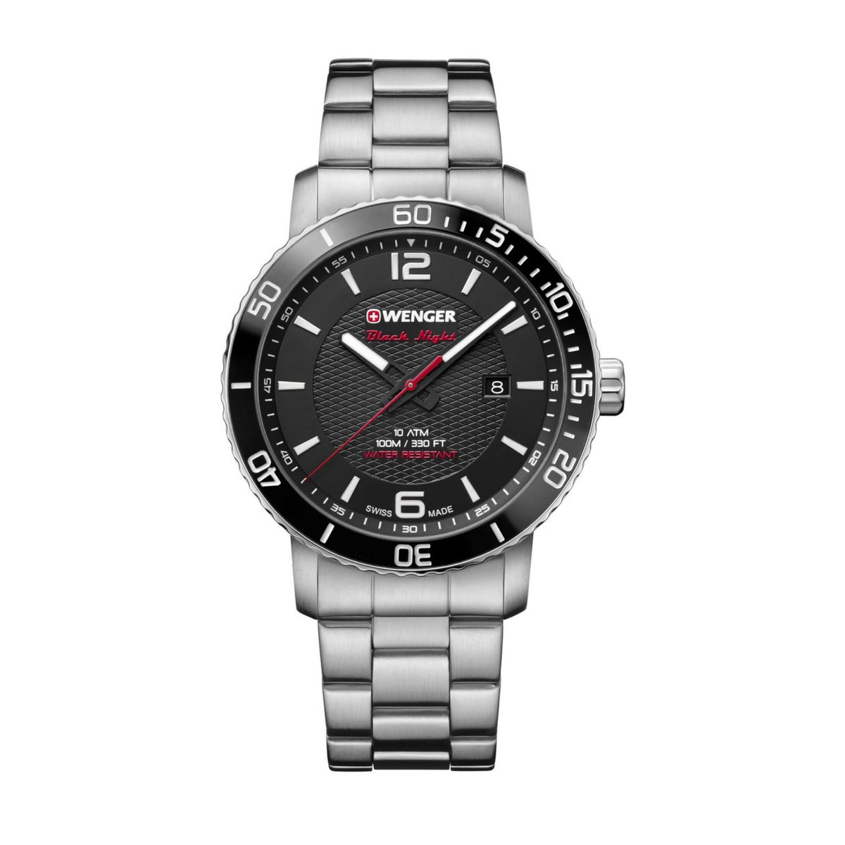 Men's stainless steel watch with black dial and date window, red accents