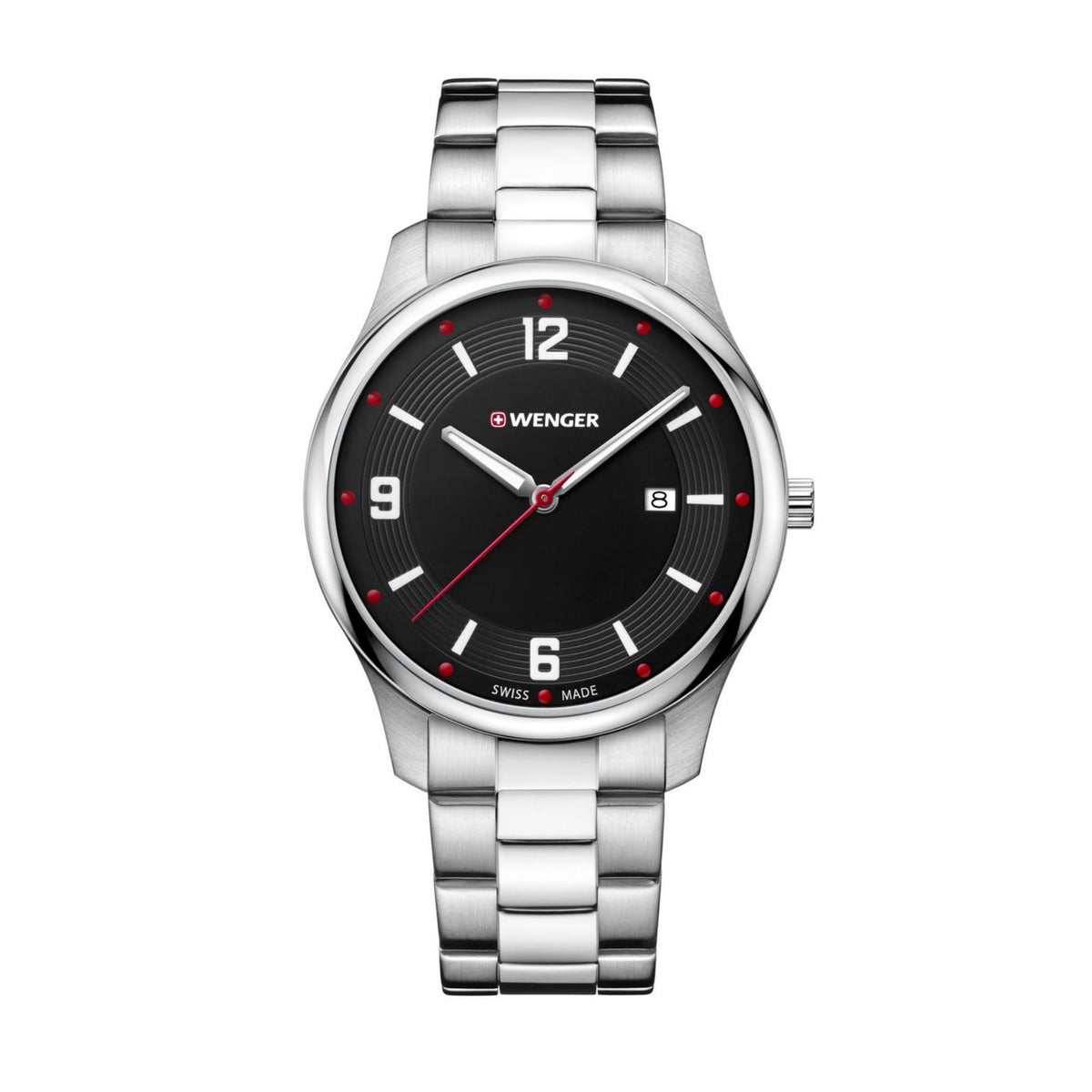 Men's stainless steel watch featuring a black dial with red indices, silver hour markers, and crown