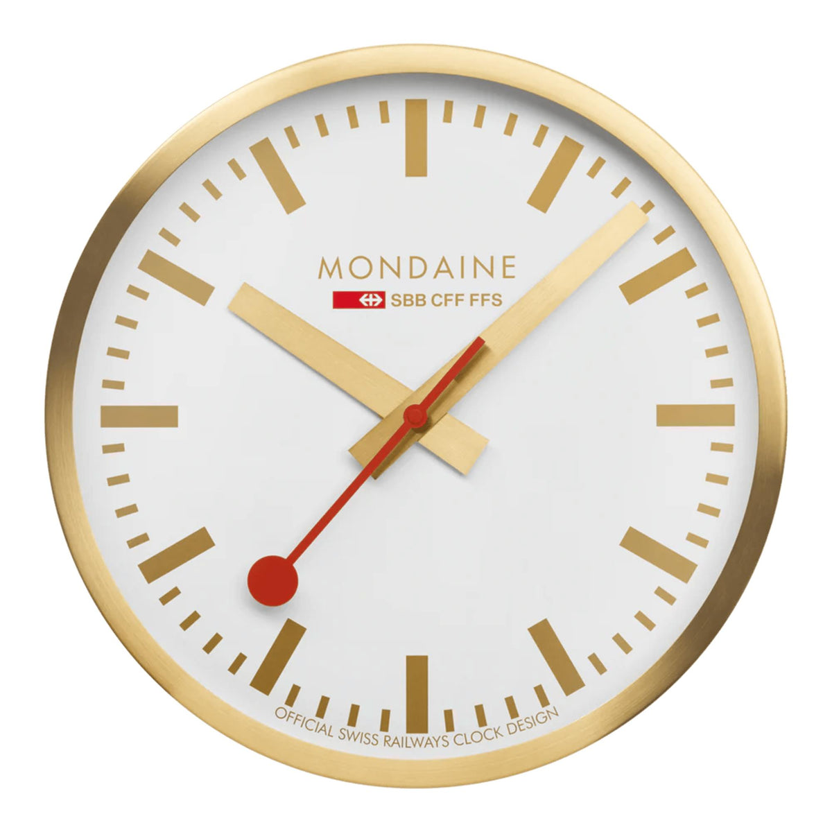 Mondaine gold wall clock showing MONDAINE logo on white dial and red second hand