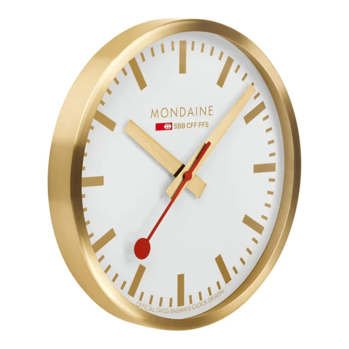 Mondaine gold wall clock angled view with white dial, gold hands, and red second hand