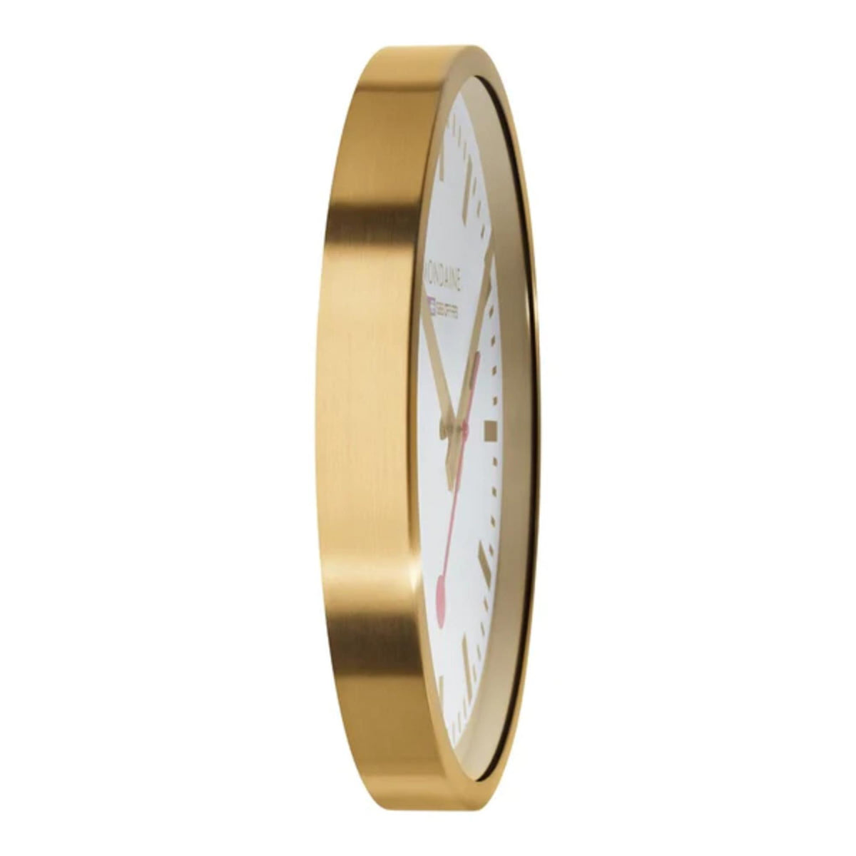 Mondaine gold wall clock side view showing brushed gold bezel and thin frame
