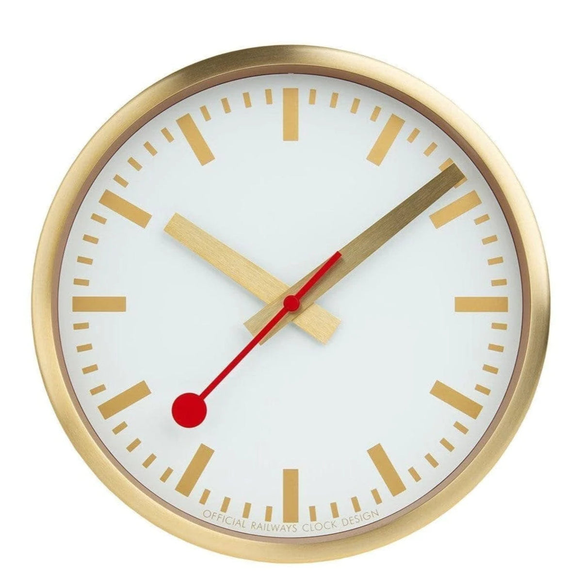 Mondaine gold wall clock close-up with gold hour marks and red second hand