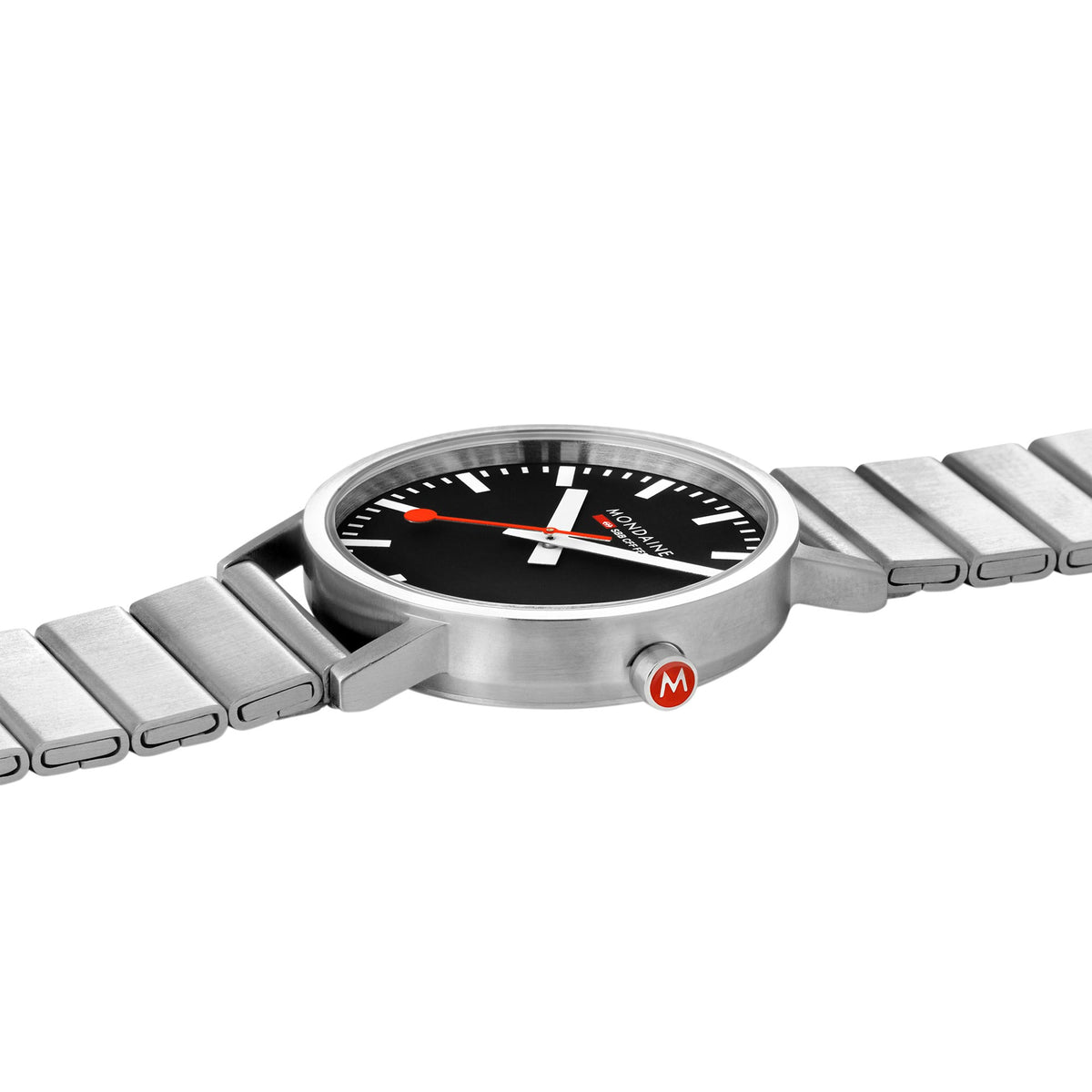 Quartz wristwatch with black dial and stainless steel bracelet, close angled view