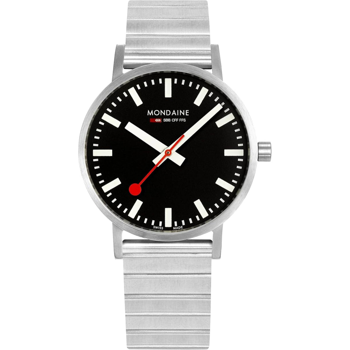 Quartz wristwatch with black dial, red accents, and silver stainless steel bracelet
