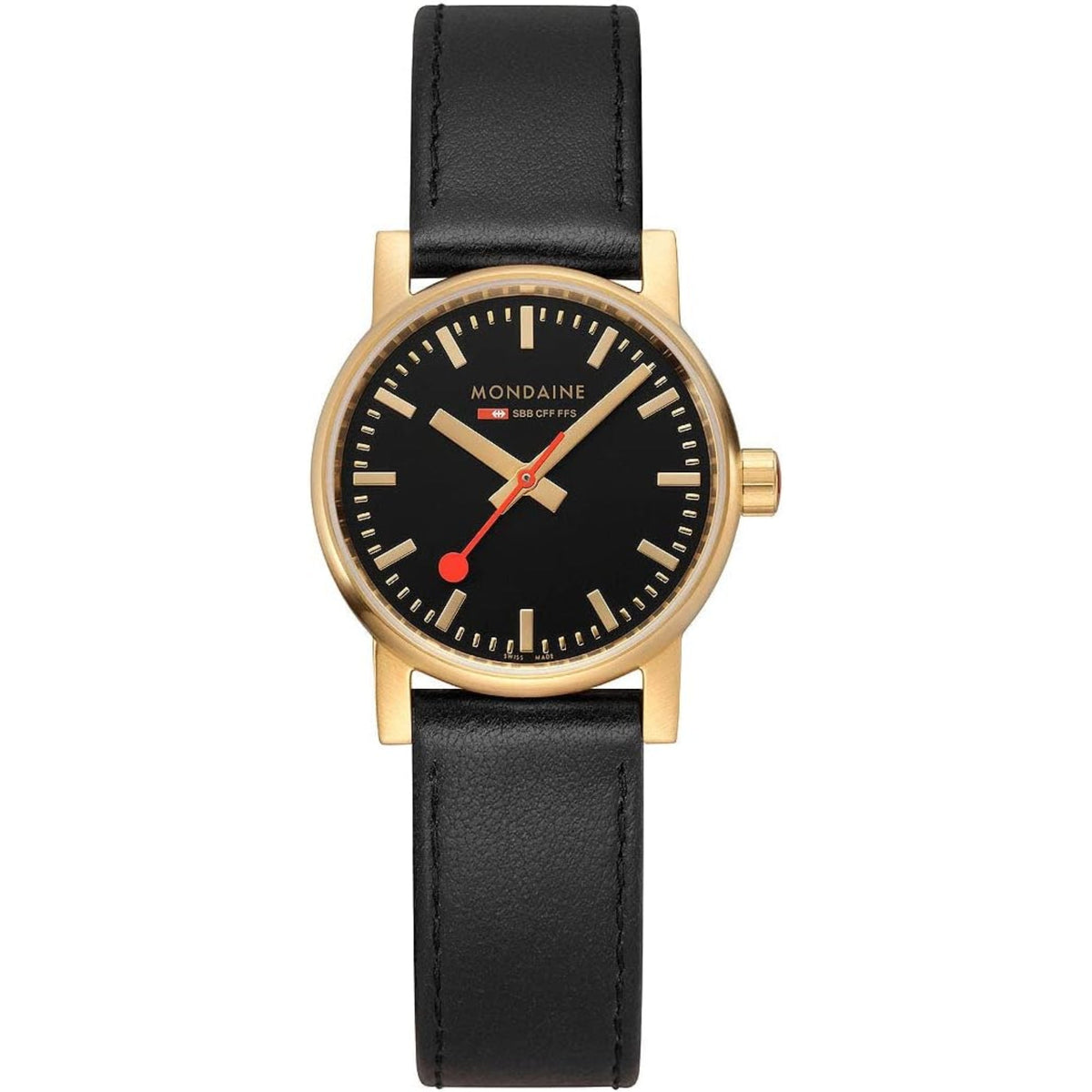 Round ladies quartz watch with black dial, gold-tone bezel, and black leather strap