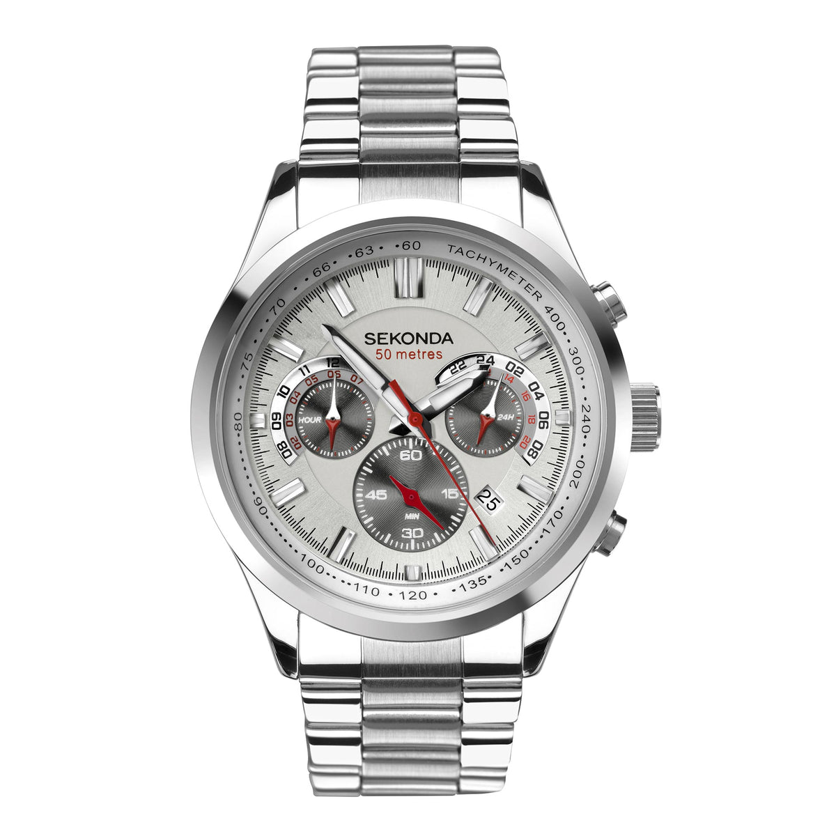 White dial chronograph watch, stainless steel bracelet and silver case, pushers.