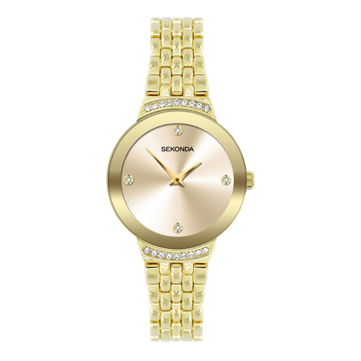 Round gold-tone quartz watch with champagne dial, crystal bezel and bracelet