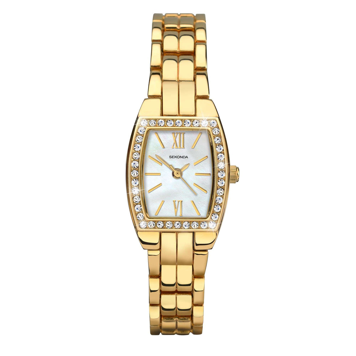 Ladies quartz wristwatch with square gold-tone case, blue mother-of-pearl dial, Roman numerals