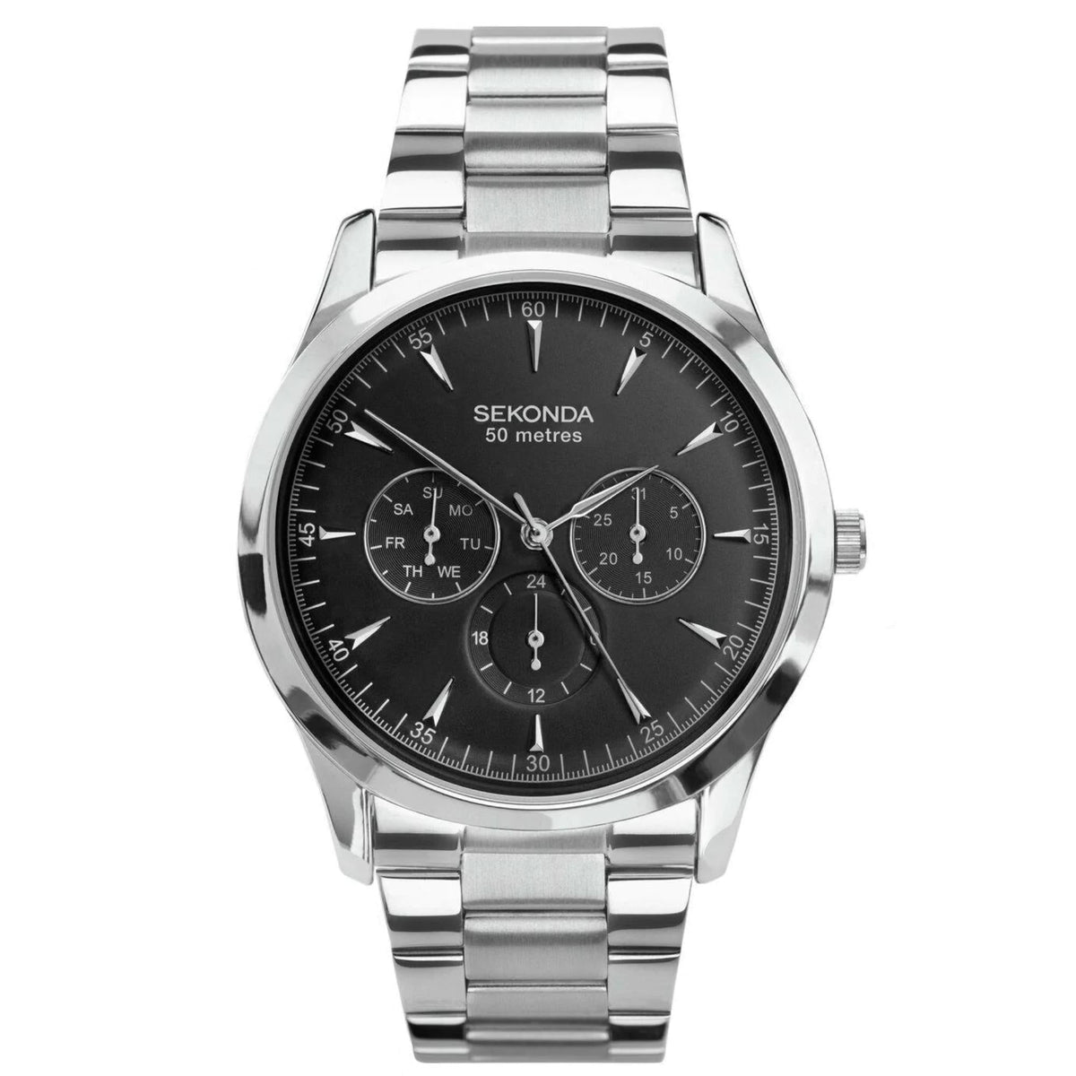 Men's metal wristwatch with black dial, silver bracelet, three subdials