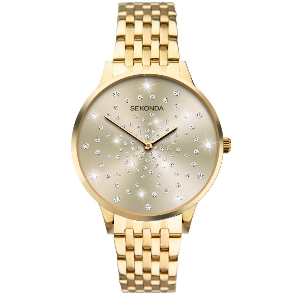 Gold-tone metal wristwatch with round silver dial and sparkling dot indices, Sekonda