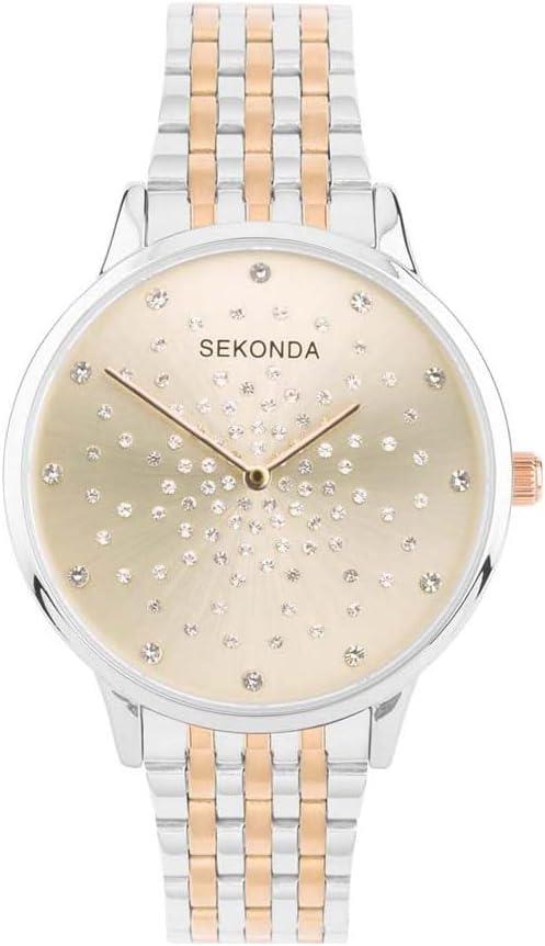 SEKONDA two-tone crystal dial wristwatch, silver case, gold-beige dial, metal band