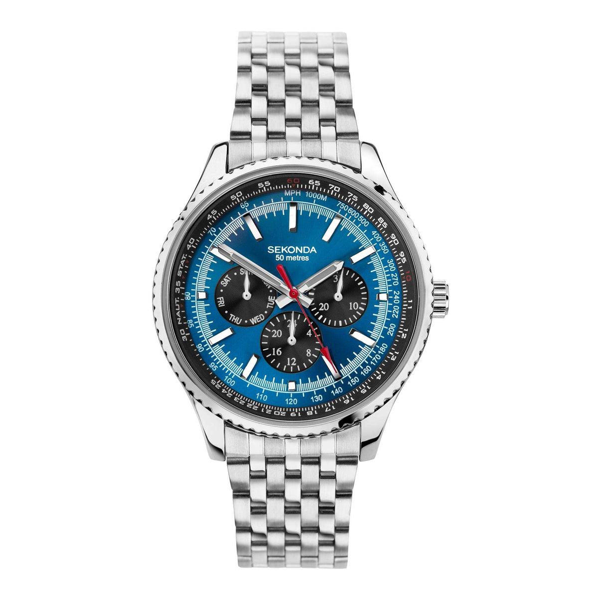 Sekonda mens stainless steel watch, blue dial with chronograph-style detailing
