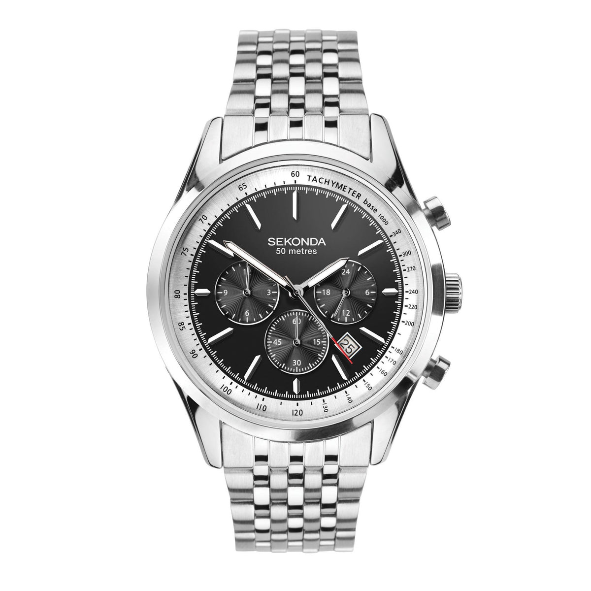 Men’s silver chronograph wristwatch with black dial, three subdials, and tachymeter track