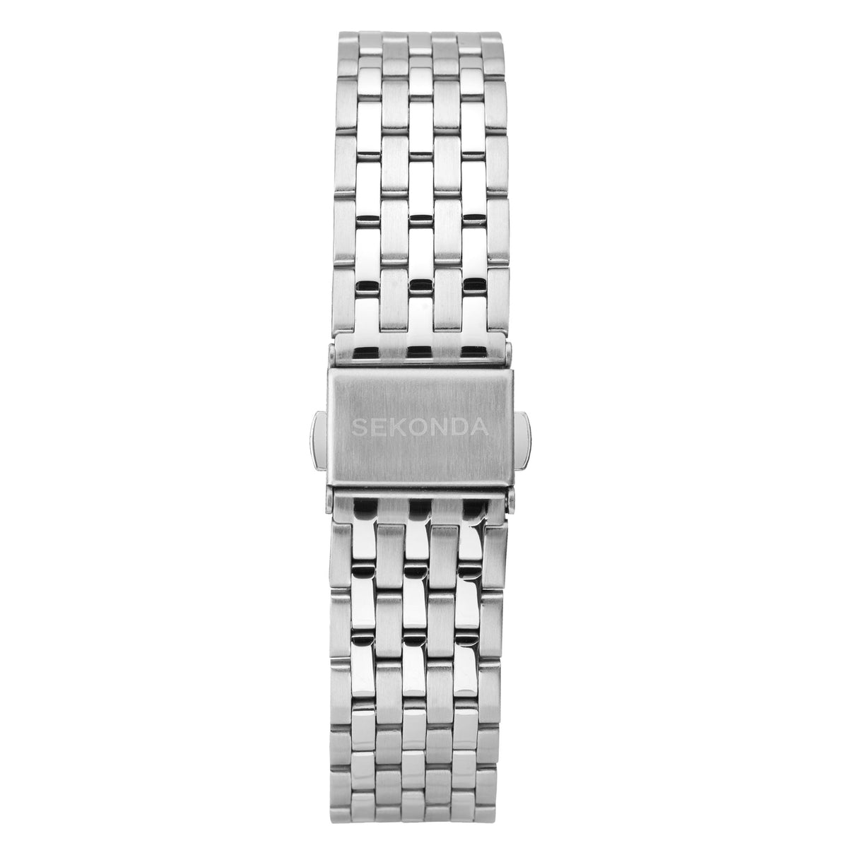 Men’s silver steel wristwatch with black dial, center clasp segment, and link bracelet