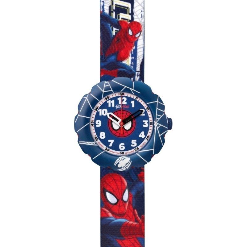 Kids Spider-themed analog wristwatch with blue web-print strap and round spider dial
