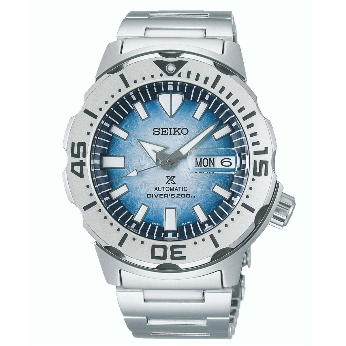 Men's automatic diver watch with blue dial, rotating bezel, day-date at 6, metal strap