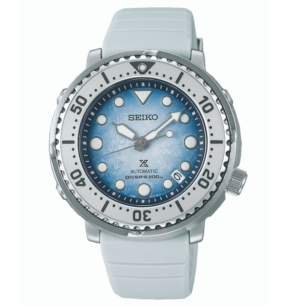 Men's automatic diver watch with blue dial, steel bezel, and light gray silicone strap