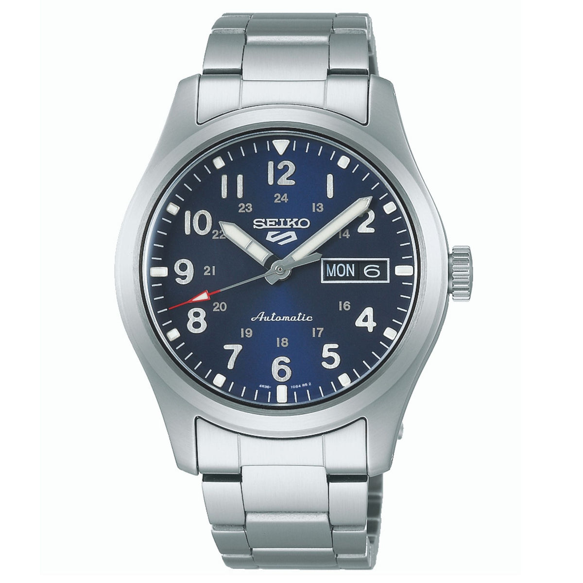 Men's automatic stainless watch with blue dial, Arabic numerals, and day-date window
