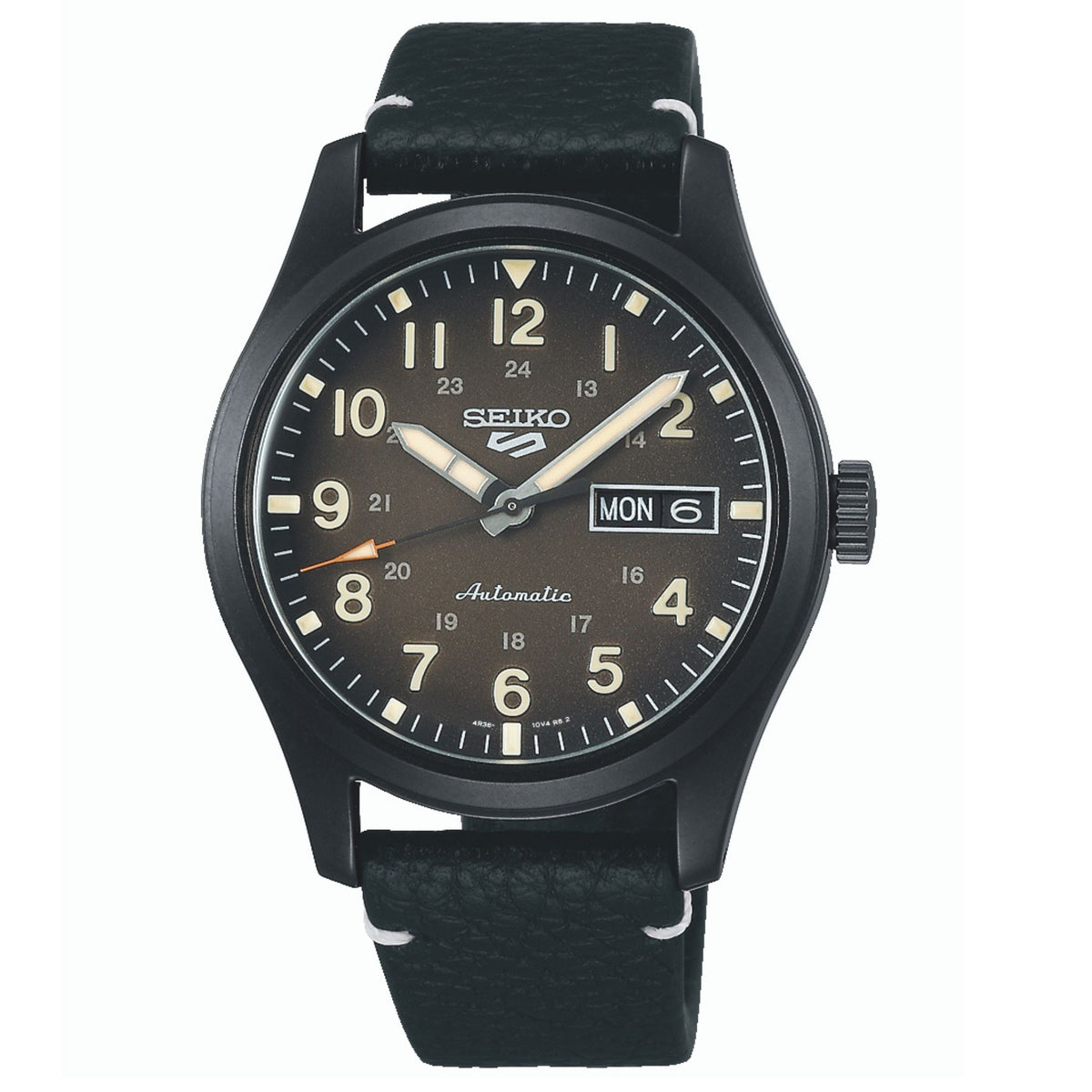 Men's black automatic field watch with black leather strap, black dial and day-date window