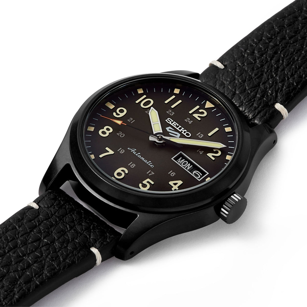 Men's black field watch with textured black leather strap, black dial, day-date at 6