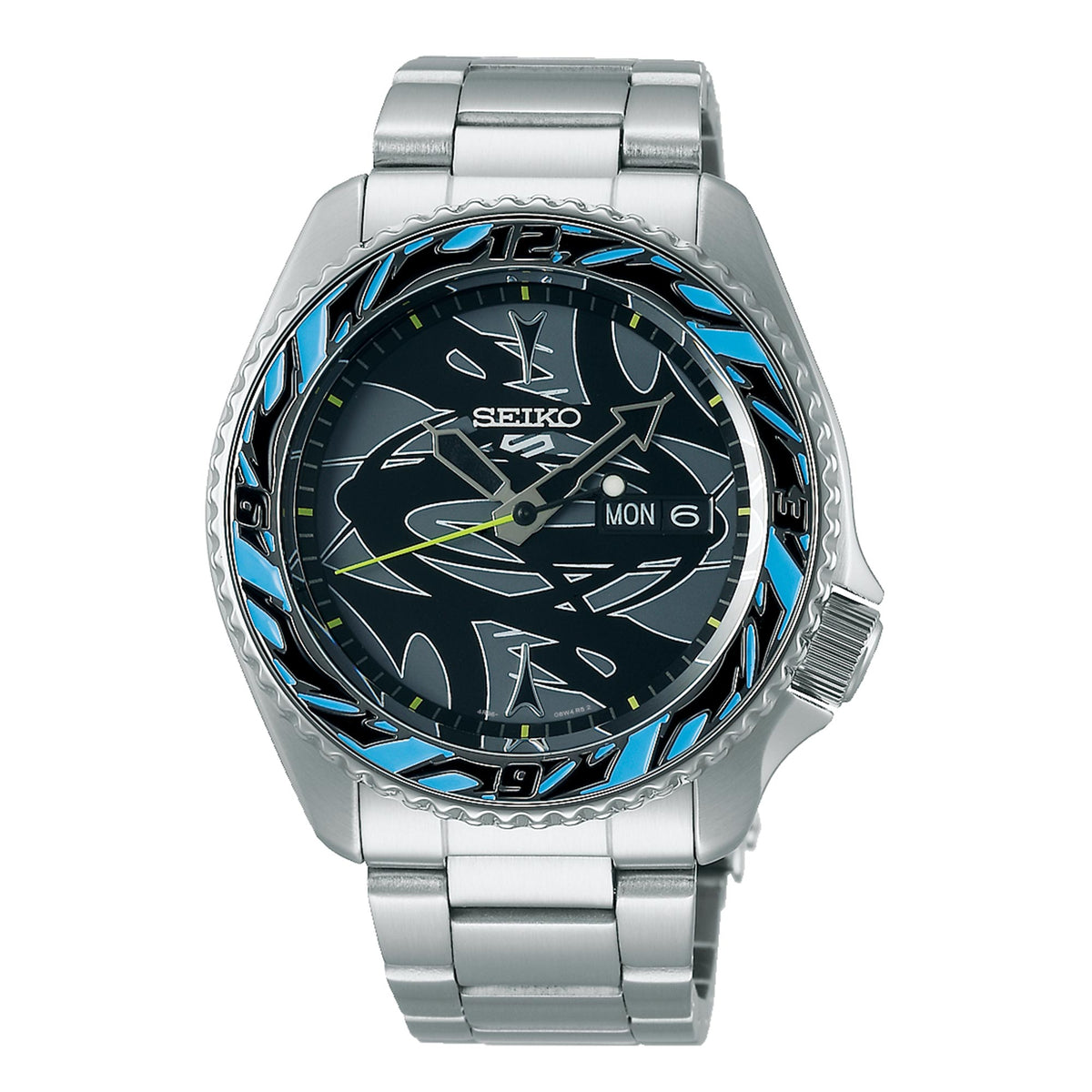 Men's stainless steel watch featuring black patterned dial with green accents and blue bezel