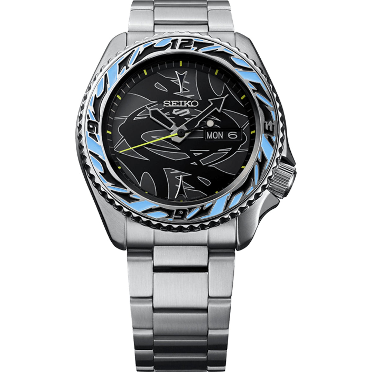 Seiko men's automatic wrist watch with black patterned dial, blue bezel, stainless steel bracelet