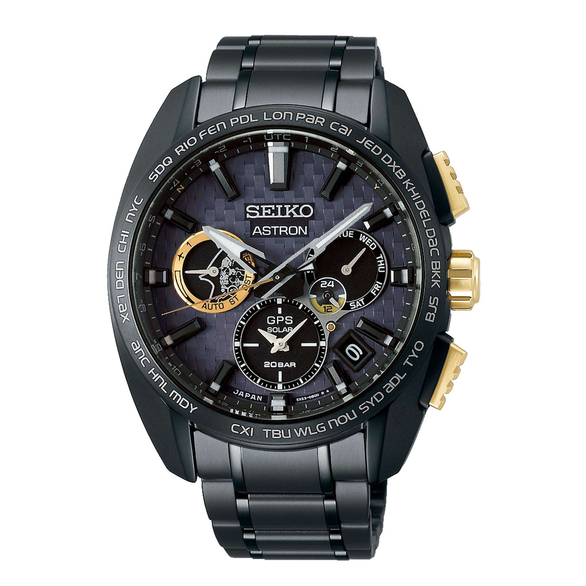 Men's GPS solar titanium watch with black dial and gold bezel details, metal bracelet