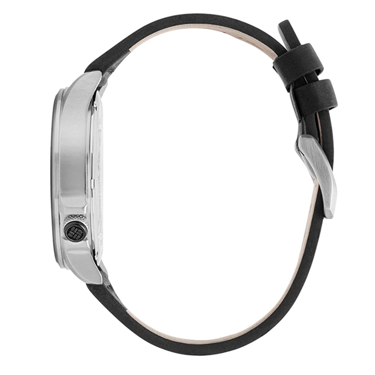 Watch side profile with black leather strap and adjustable buckle, silver case