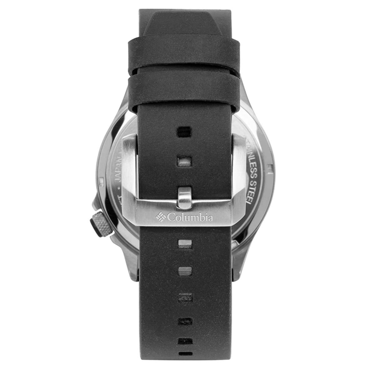 Watch back view with black leather strap, buckle clasp, silver case finish