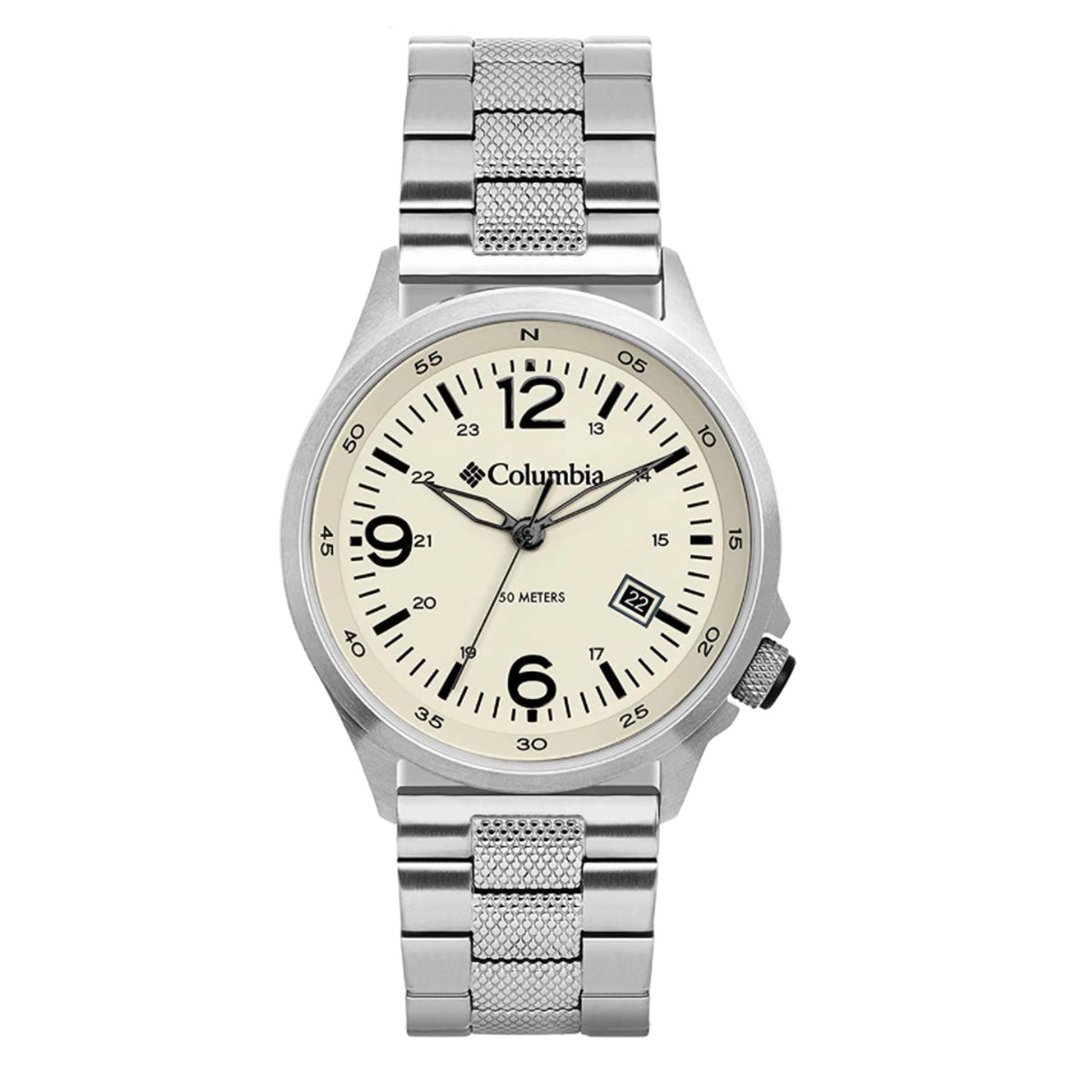 Men's stainless steel quartz watch with cream dial, Arabic numerals, and date display