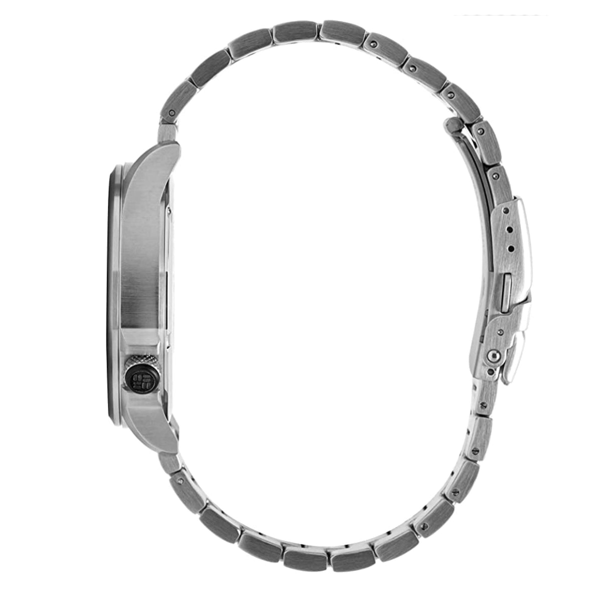 Men's stainless steel watch case side with crown and bracelet links