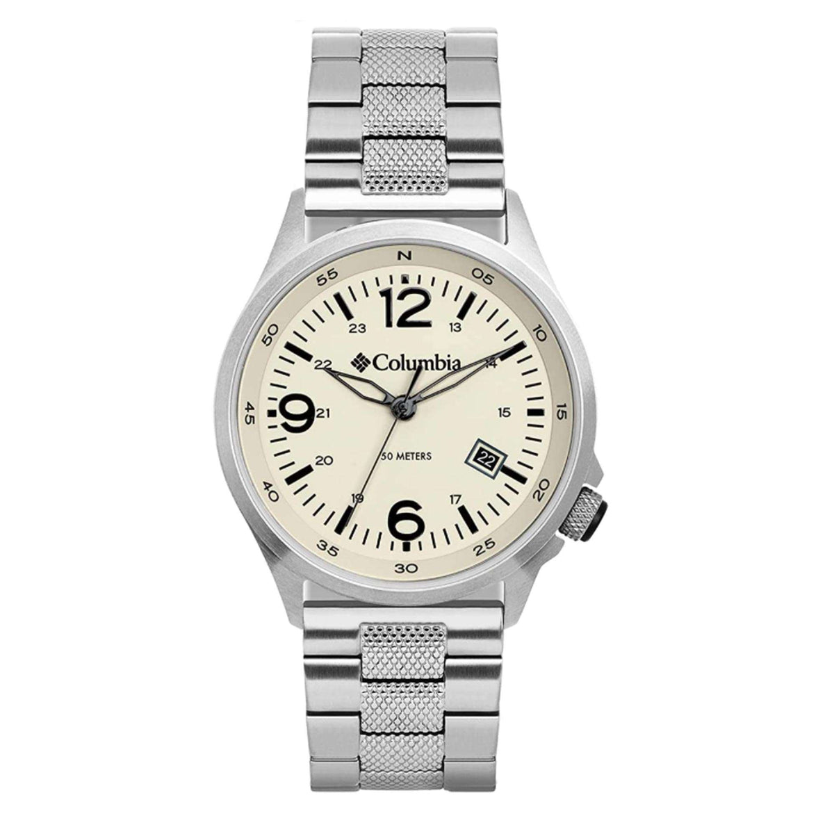 Men's stainless steel quartz watch with cream dial, black markers, and date window